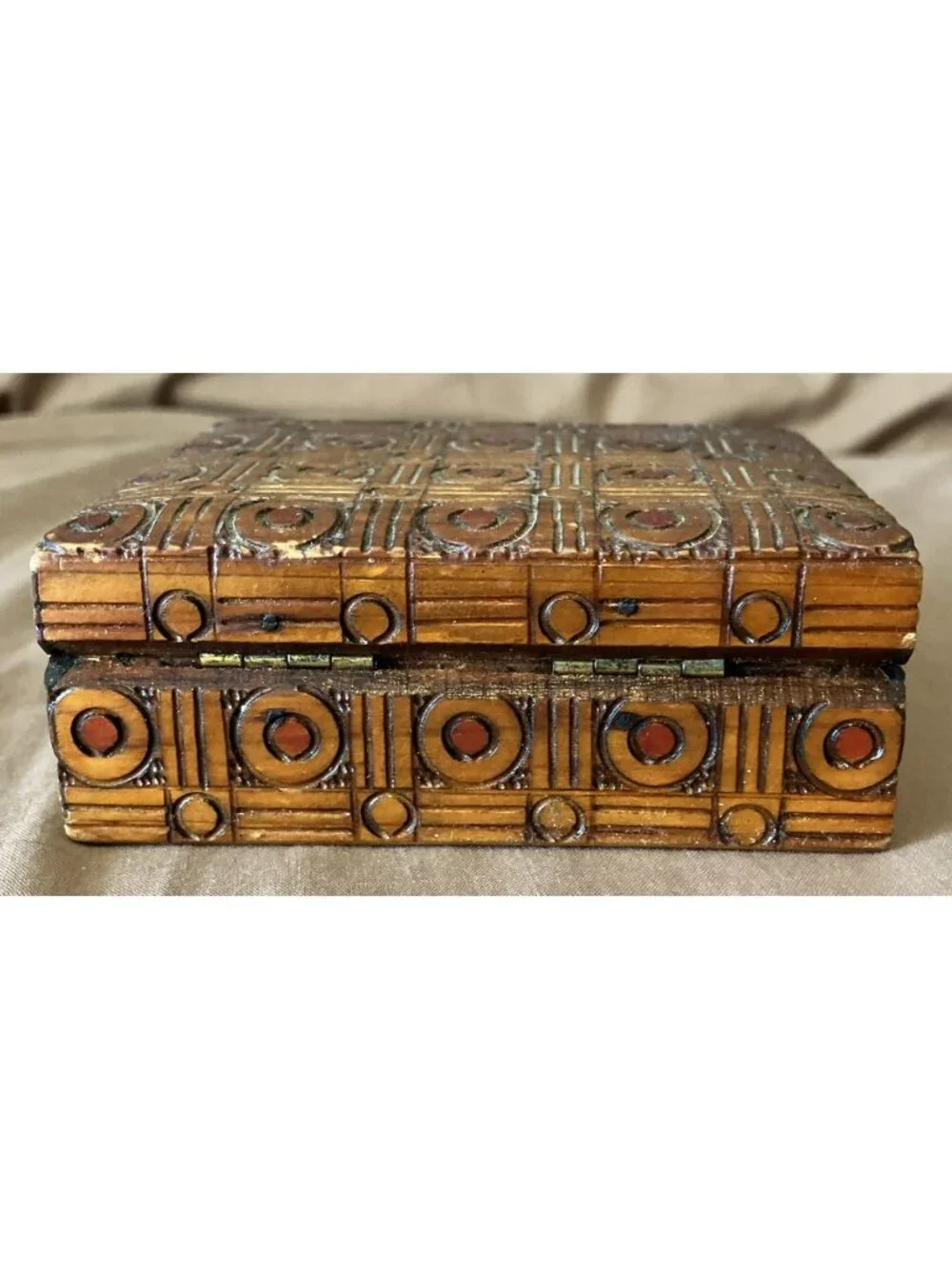Trinket Box Carved Wooden With Hinged Lid 4'' X 3 1/4” X 1 1/2”